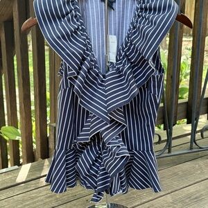 Boston Proper Navy & White Striped Ruffle V-Neck Blouse